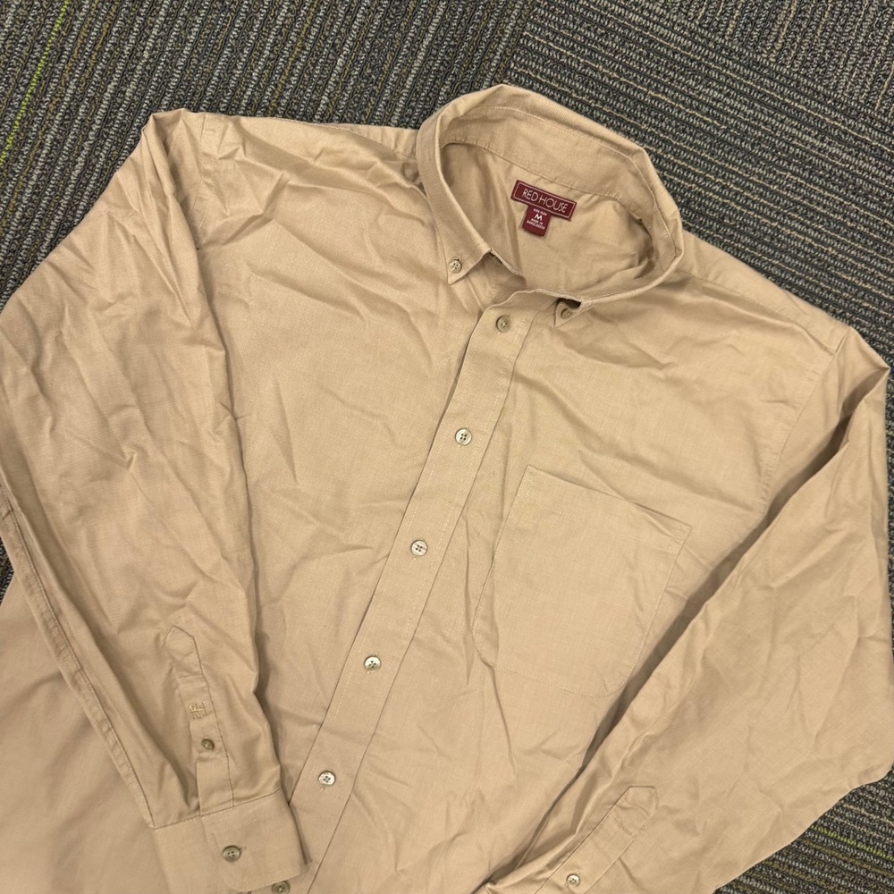 RED HOUSE Mens Non Iron Button Down Shirt Khaki Tan Long Sleeve Casual Size M‎